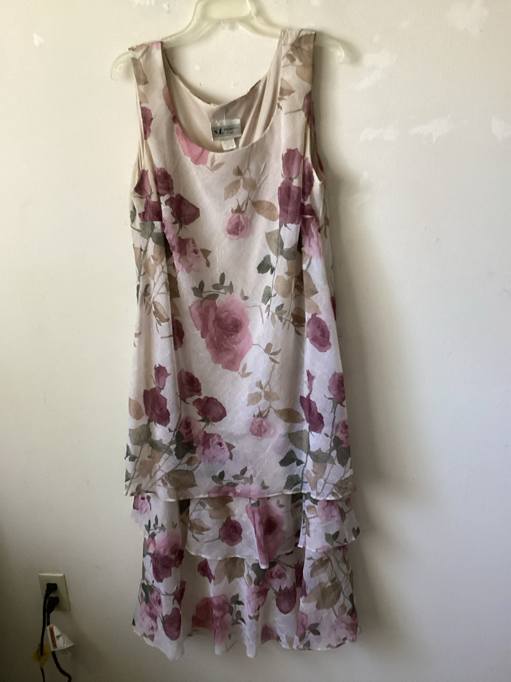 S.L. Fashions Cream Floral Chiffon Dress with Pink Rose Print